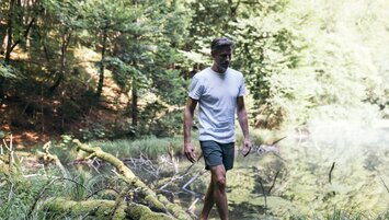 Mann balanciert auf Stamm neben See im Wald